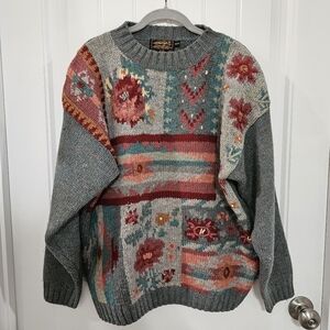Vintage 1992 Eddie Bauer 100% Laine Wool Floral Knit Sweater Medium